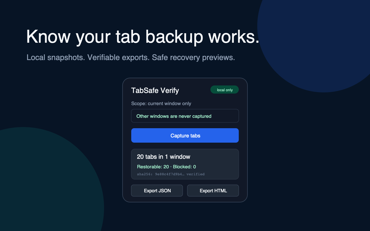 TabSafe Verify showing a verified 20-tab snapshot