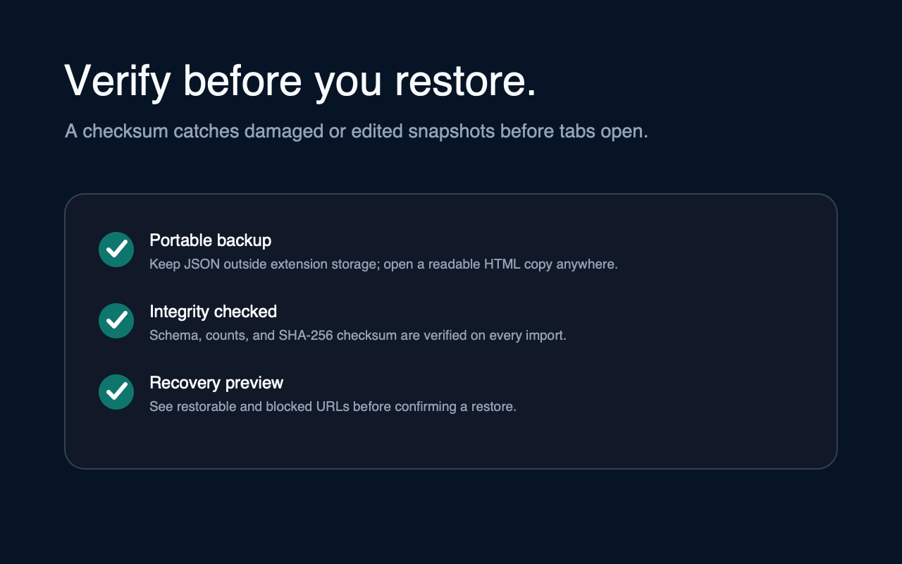 Portable backup, integrity check, and recovery preview